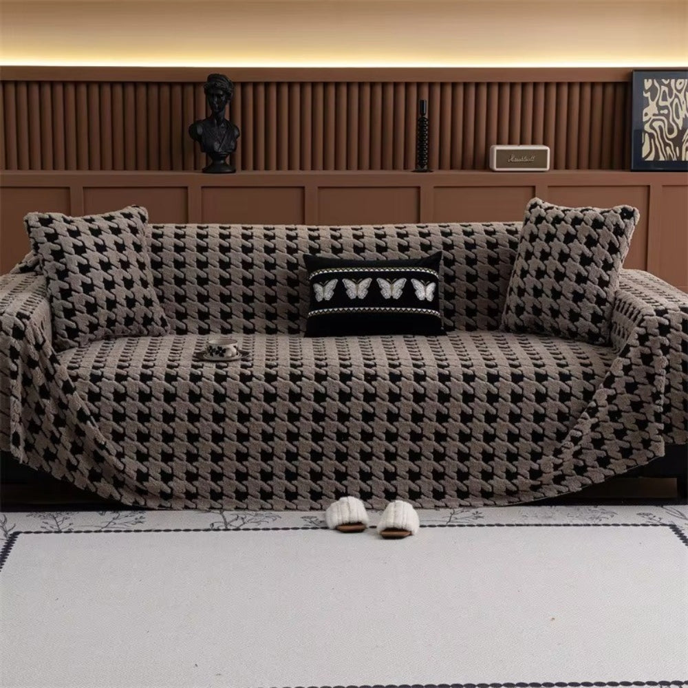 Houndstooth Plush Microfibre Sofa Cover Taupe Nestmoor