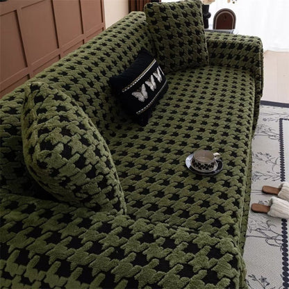 Houndstooth Plush Microfibre Sofa Cover Green Nestmoor