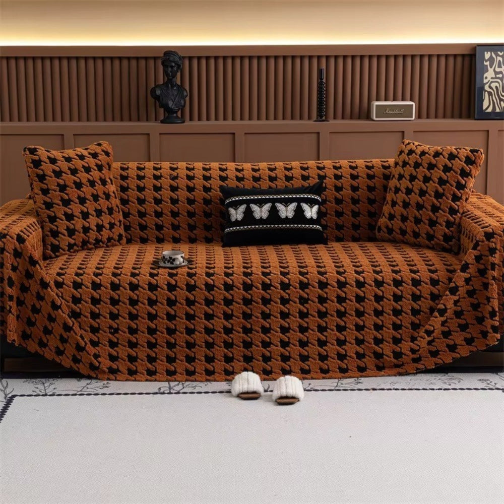 Houndstooth Plush Microfibre Sofa Cover Brown Nestmoor
