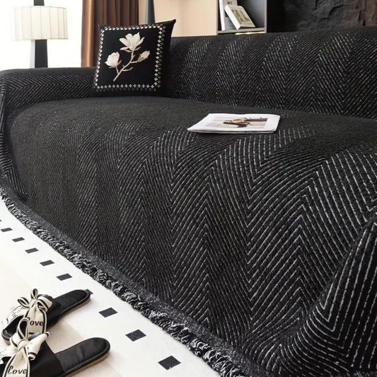 Herringbone Microfibre Sofa Cover Midnight Black Nestmoor